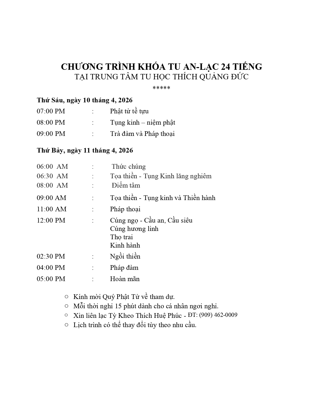 Chương trình tu học 2026