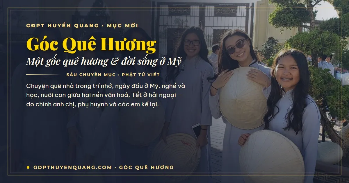 Góc Quê Hương — thiếu nữ áo dài lam và nón lá trước Trung Tâm Thích Quảng Đức
